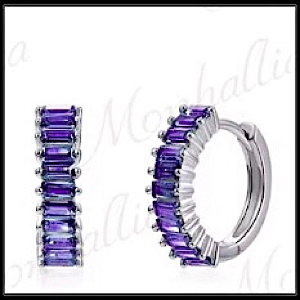 NEW 925 SILVER TANZANITE PURPLE LILAC BAGUETTE HOOP EARRINGS